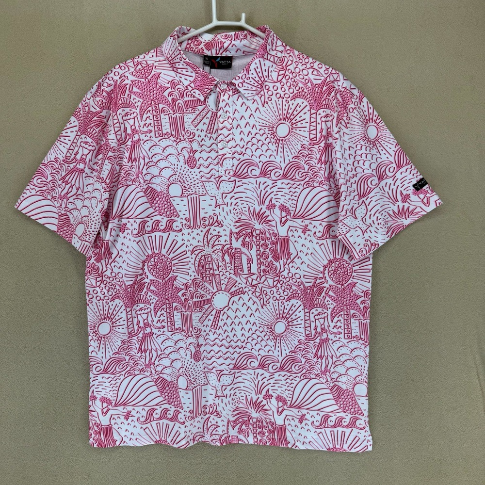 YATTA GOLF‎ Mens XL Shaka Life White Pink All Over Print Short Sleeve Polo Shirt